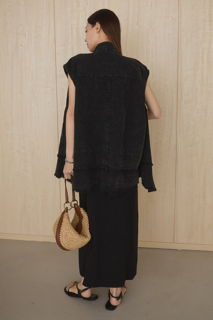 [SET]ケミカルデニムヘムカットオフジレ+ノースリロングワンピース(2set)