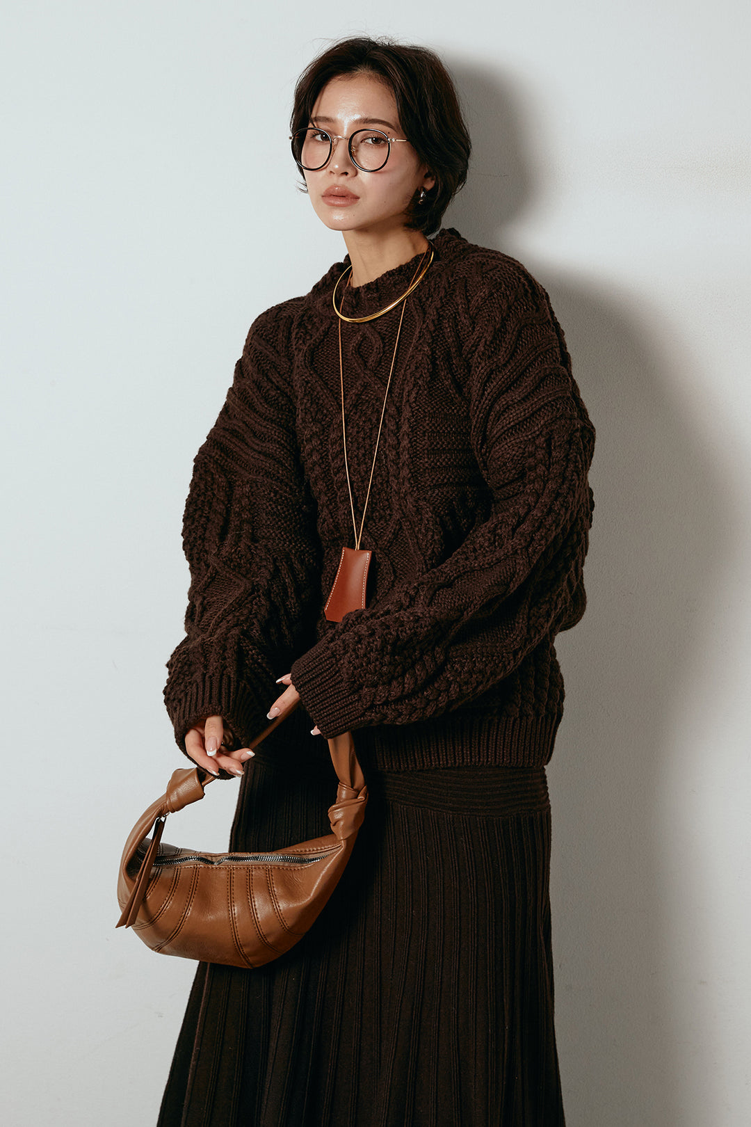 [SET]アラン柄ミックスケーブルニット+編み地切り替えフレアニットスカート(2set)