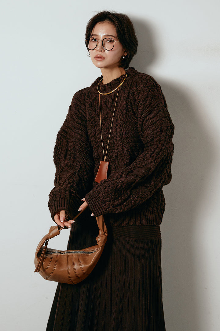 [SET]アラン柄ミックスケーブルニット+編み地切り替えフレアニットスカート(2set)