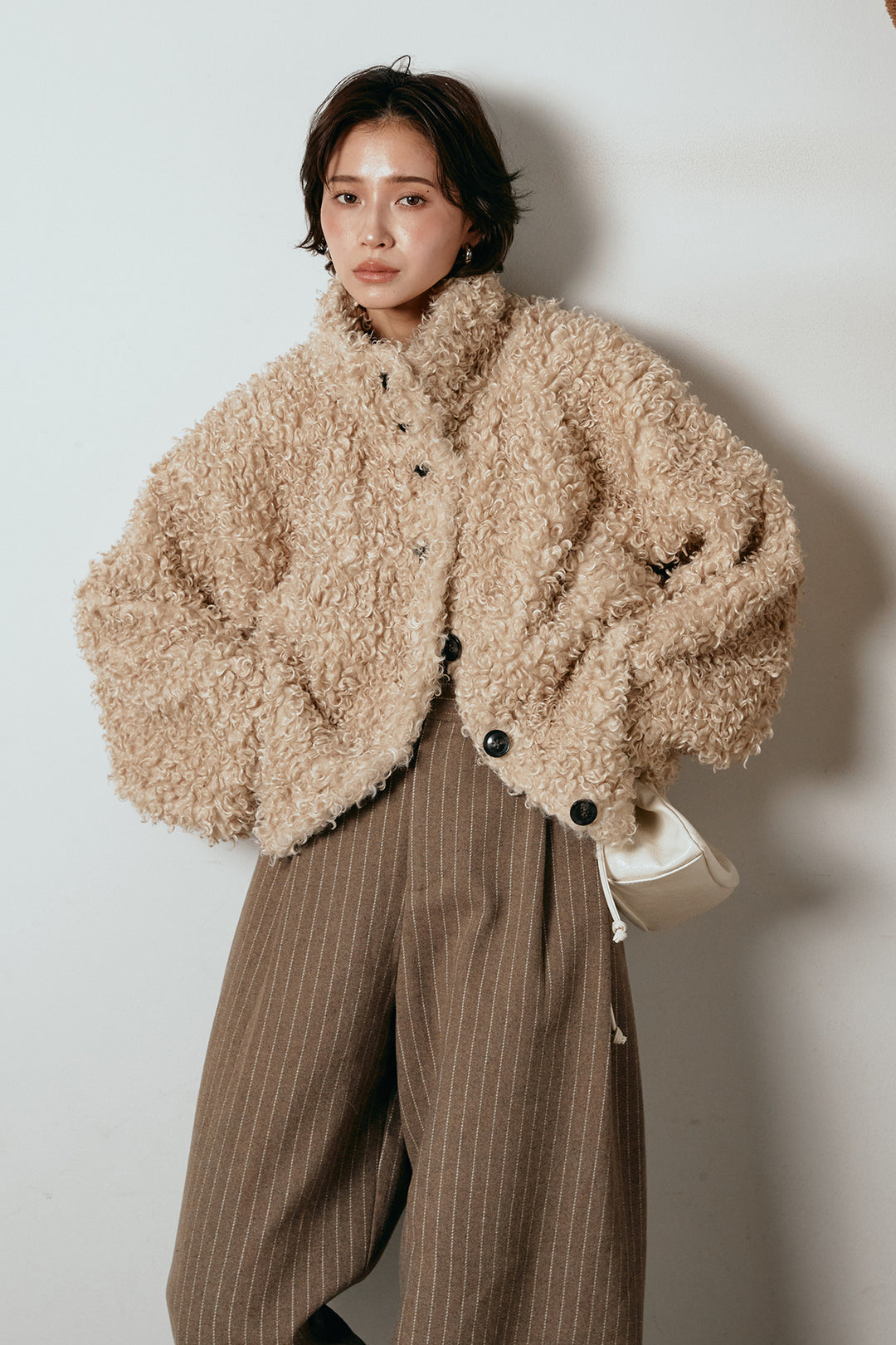 [SET]プードルファーミドルジャケット+ウールライクストライプパンツ(2set)