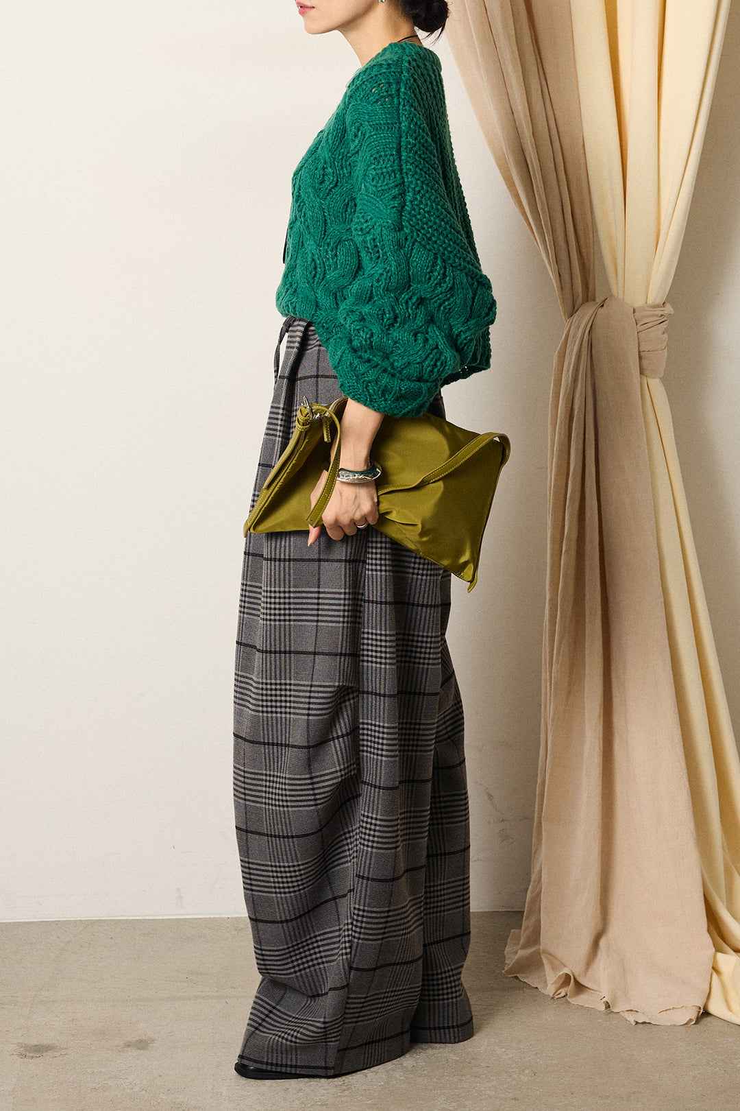 [SET]ケーブルリラックスショートニット+グレンチェックルーズタックパンツ(2set)