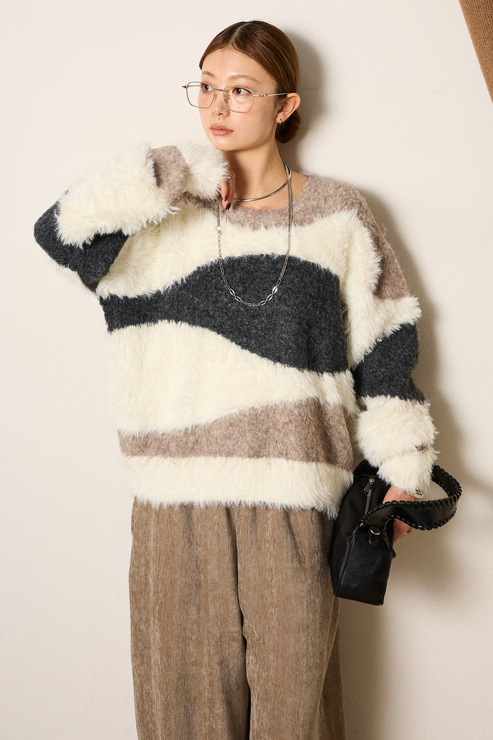 [SET]シャギーウェーブ柄クルーネックニットトップス+かすれデザインワイドパンツ(2set)