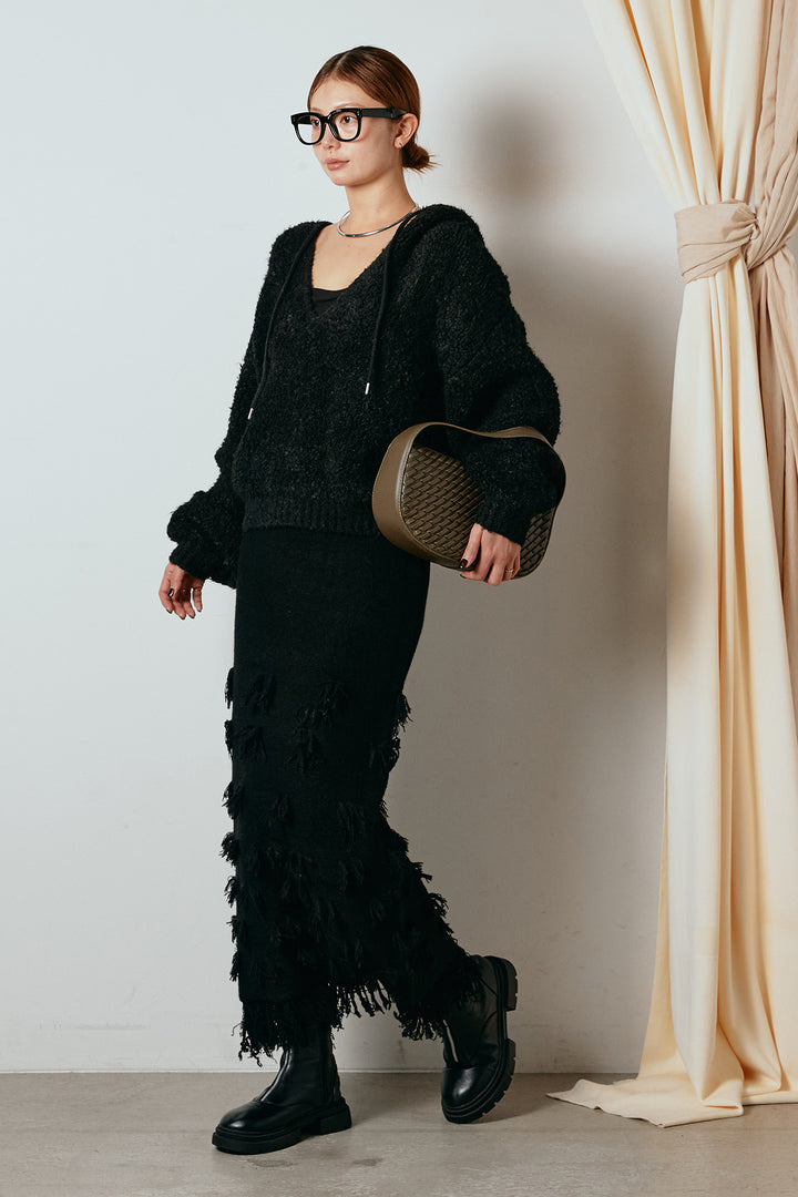 [SET]ブークレキーネックプルオーバー+ポイントフリンジニットナロースカート(2set)