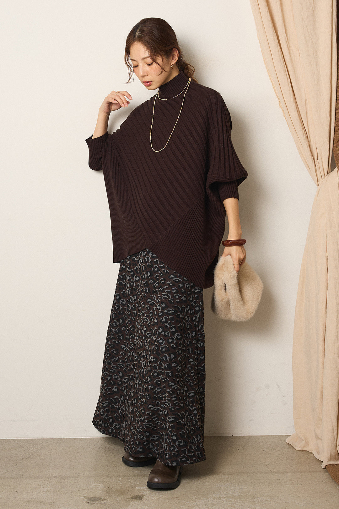 [SET]アシメデザインリブポンチョニットトップス+レオパードロングスカート(2set)