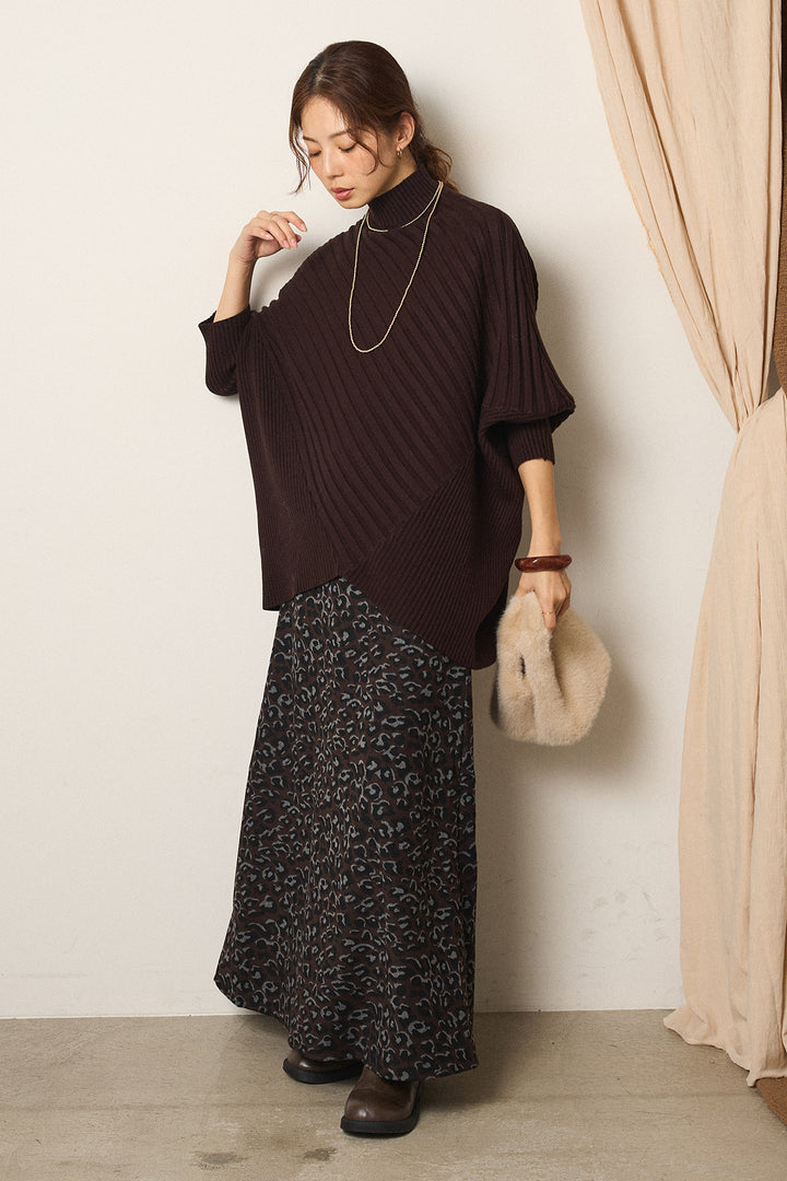 [SET]アシメデザインリブポンチョニットトップス+レオパードロングスカート(2set)