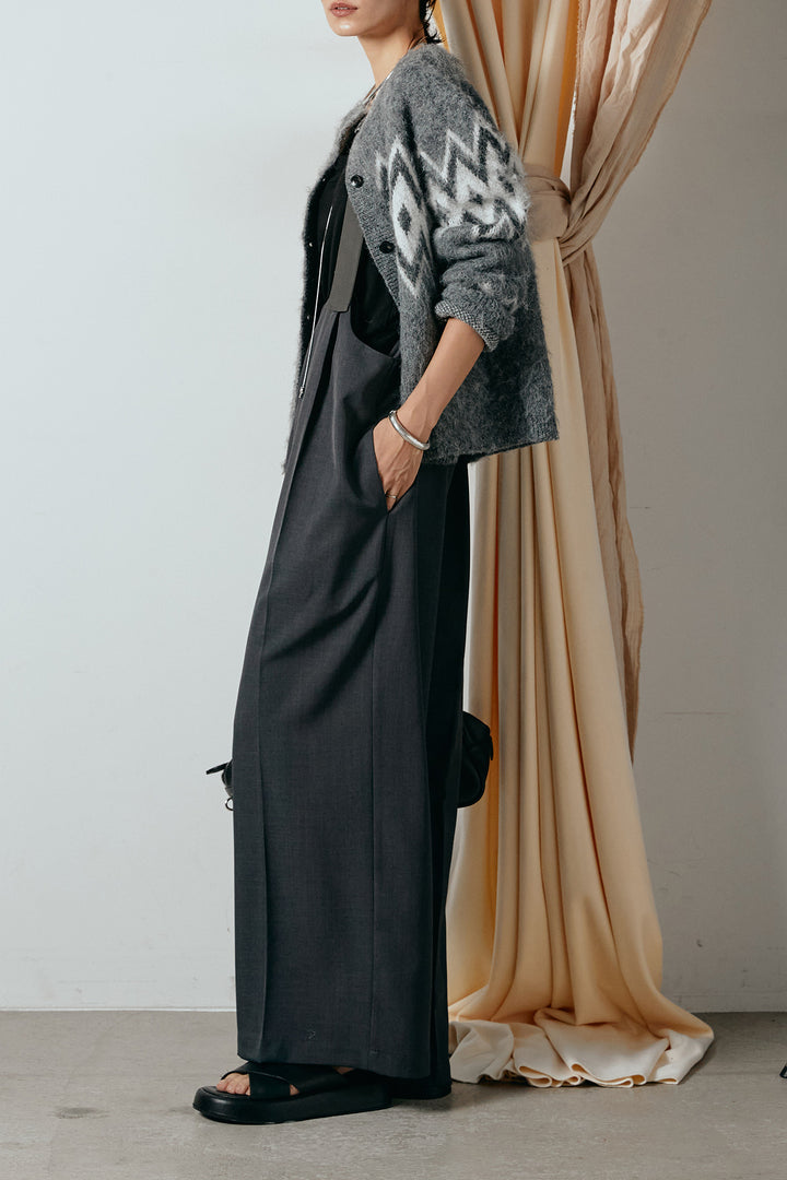 [SET]起毛ノルディック柄ニットカーディガン+ワイドツイルサロペット(2set)