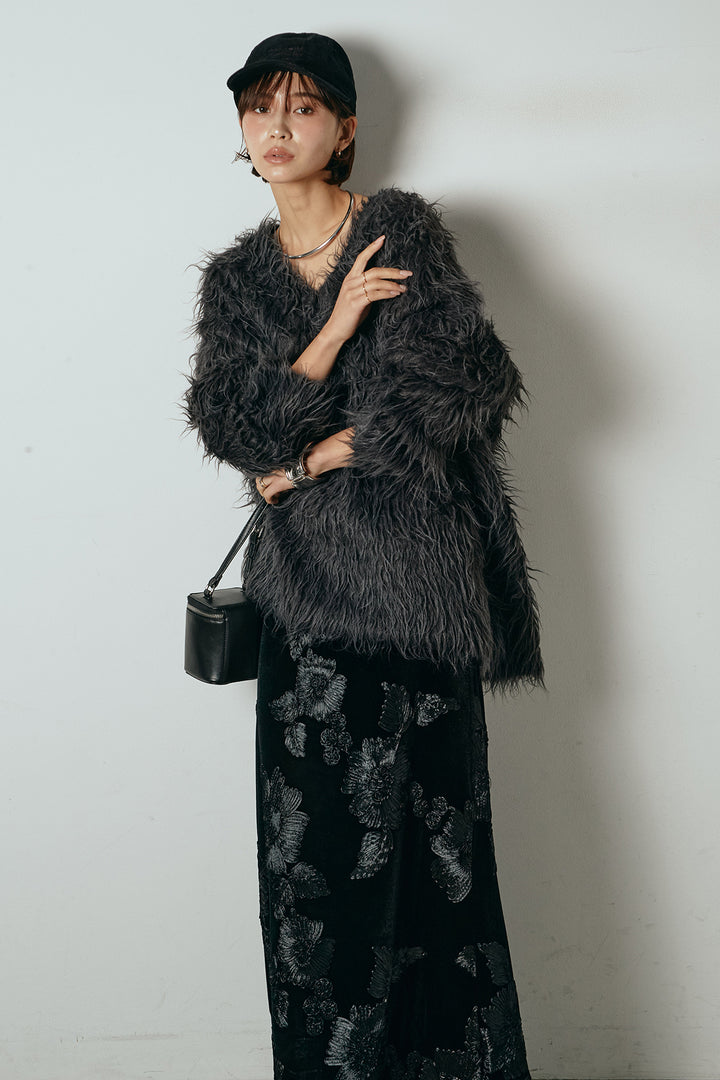 [SET]深Vネックシャギーニットトップス+フラワー刺繍ワイドスカート(2set)