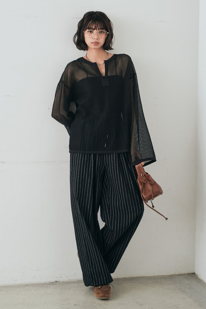 [SET]メッシュカットソースキッパープルオーバー+リネンライクストライプタックイージーパンツ(2set)