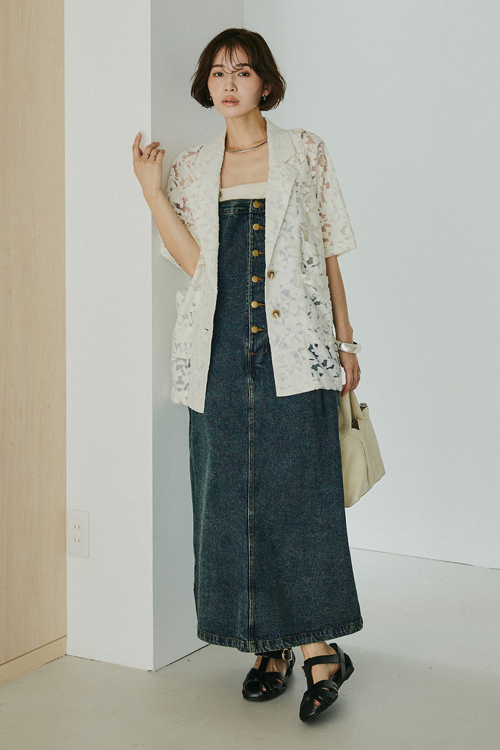 [SET]シアージャガードハーフスリーブテーラードジャケット+配色ショルダーデニムサロペットスカート(2set)
