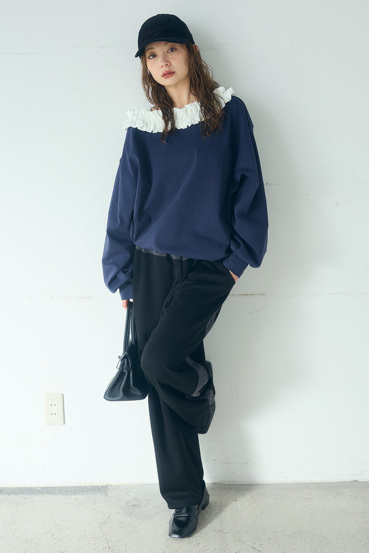 [SET]ネックギャザーフリルスウェット+異素材切り替えスウェットパンツ(2set)
