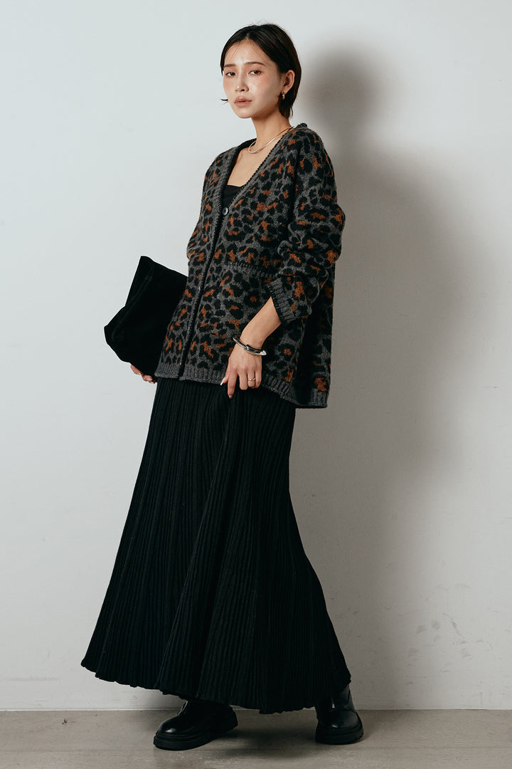 [SET]ステッチデザインレオパードニットカーディガン+リブニットフレアスカート(2set)