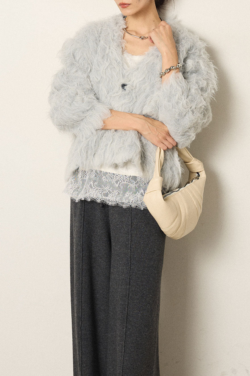 [SET]起毛シャギーニットカーディガン+レース切り替えキャミソール(2set)