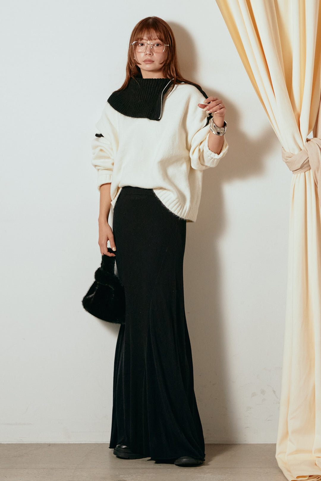 [SET]ハイネックジップデザインニットトップス+サイド切り替えリブニットロングスカート(2set)