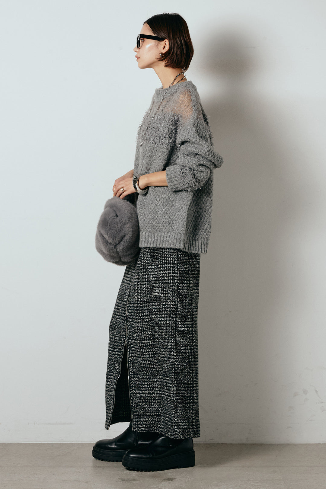 [SET]パターンランダム編みニットトップス+グレンチェック柄フロントジップタイトスカート(2set)