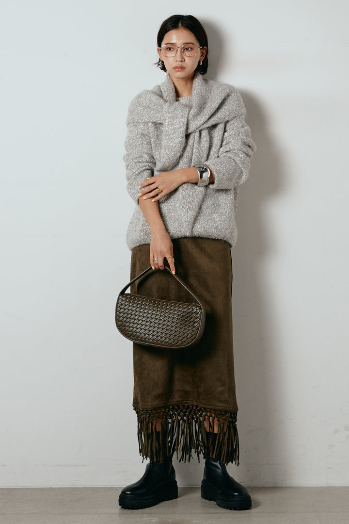 [SET]スカーフ付きミックスニットトップス+スウェードライク裾フリンジスカート(2set)