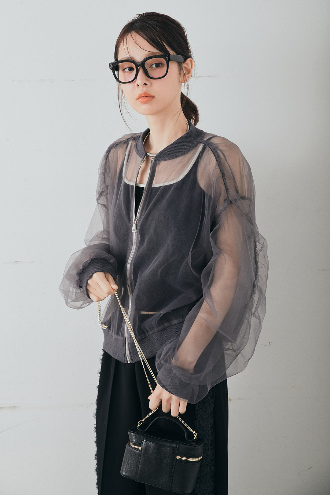 [SET]エアリーチュールスリーブシアーブルゾン+Wフェイスカットソーサイドレースラインパンツ(2set)