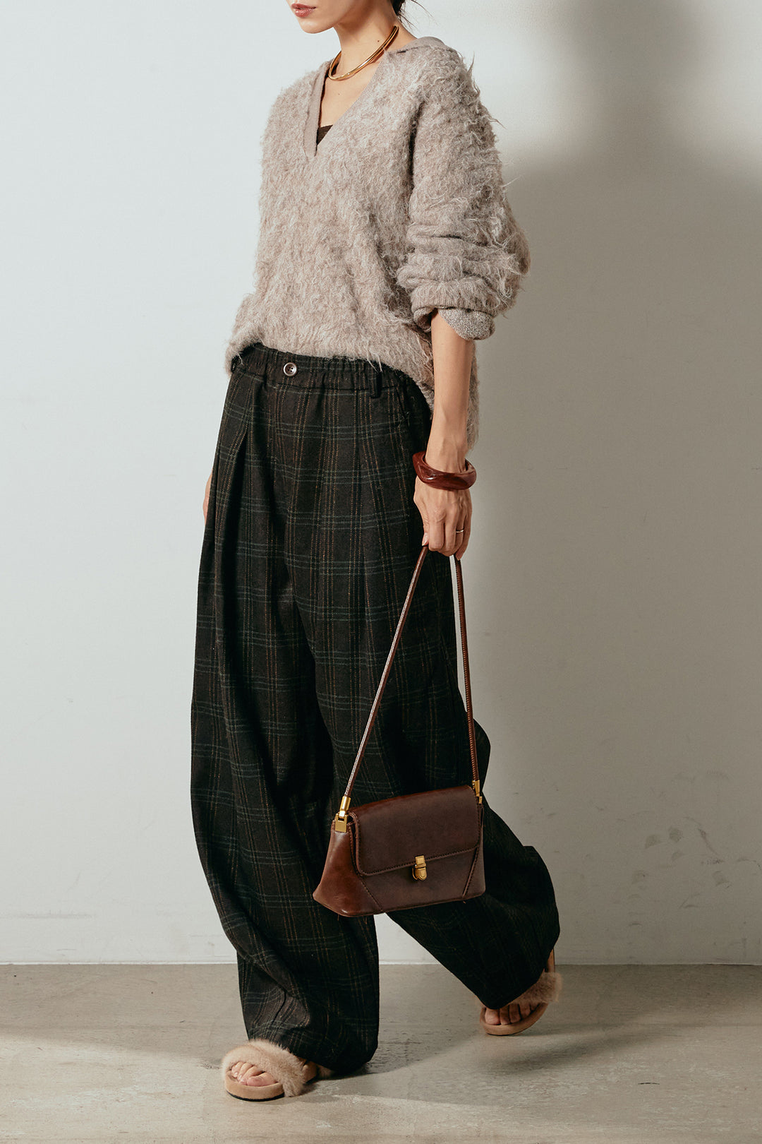 [SET]襟付きシャギーニットポロトップス+タータンチェック柄タックパンツ(2set)