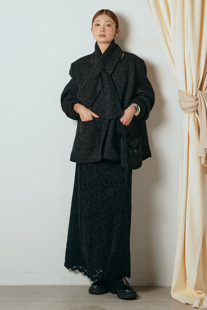 [SET]ノーカラーマフラーバッグ付きアウター+花柄刺繍ベロアフレアスカート(2set)