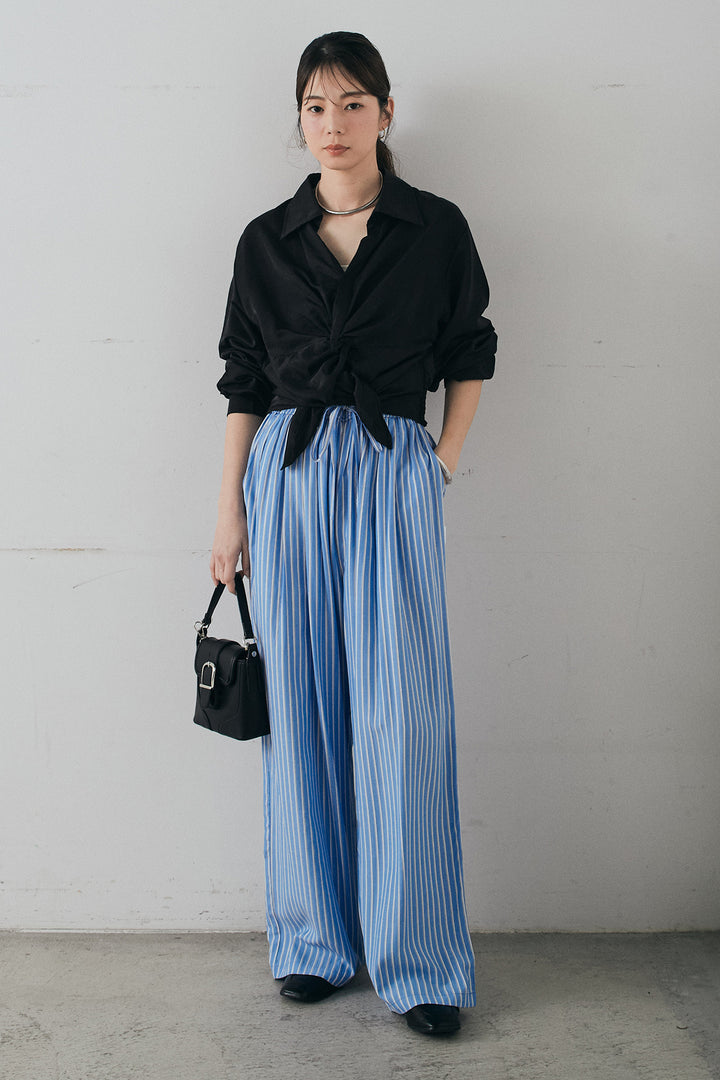 [SET]裾巻きツイストデザインシャツ+レーヨンストライプイージーワイドパンツ(2set)