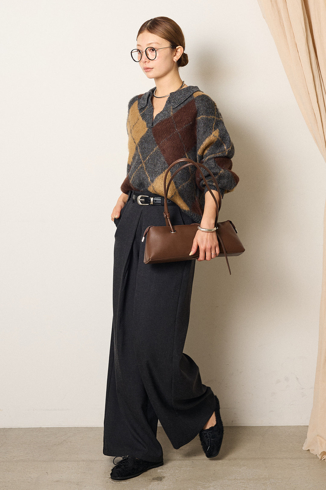 [SET]アクリルモヘアアーガイルキーネックプルオーバー+フロントワイドタックネップ入ワイドパンツ(2set)