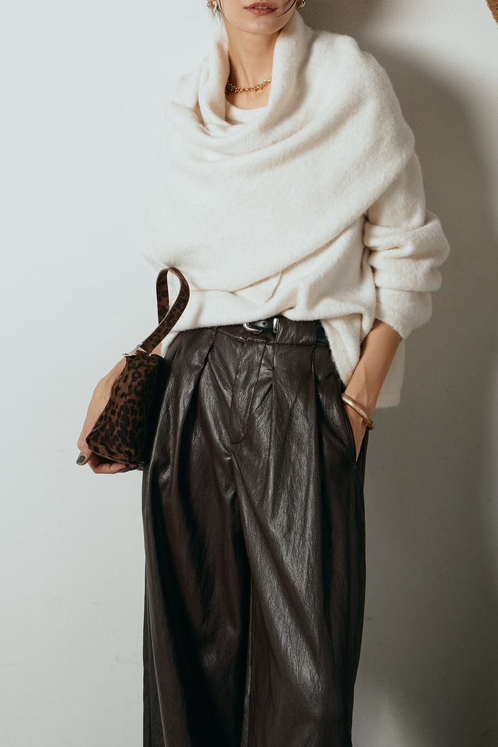 [SET]ネック巻きデザインニットトップス+ベルト付きレザーライクタックパンツ(2set)