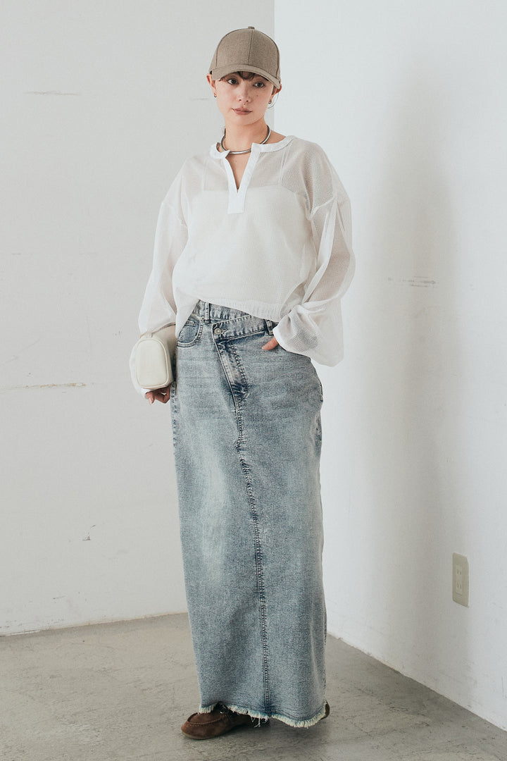 [SET]メッシュカットソースキッパープルオーバー+ウエストクロスデニムタイトスカート(2set)