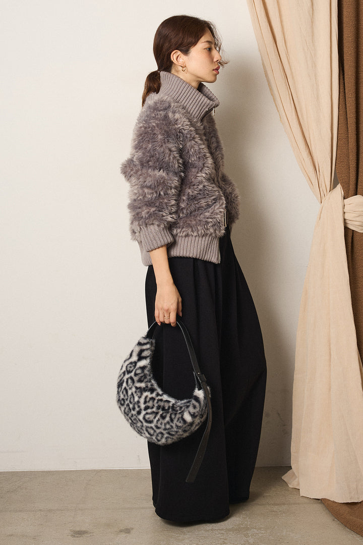 [SET]ハイネックボアブルゾン+フェイクレザー太ベルト付きタックワイドパンツ(2set)