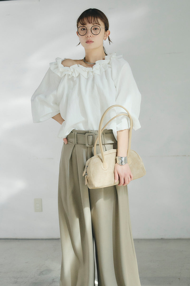 [SET]ネックフリルデザインブラウス+ベルト付きツータックワイドパンツ(2set)
