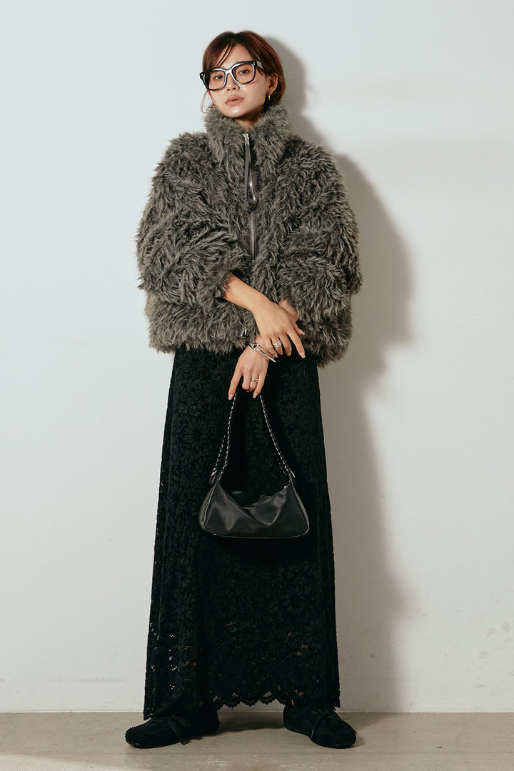 【着回しセット】[SET]ミックスシープファースタンドブルゾン+花柄刺繍ベロアフレアスカート+フェイクウールタックトラウザーズパンツ(3set)