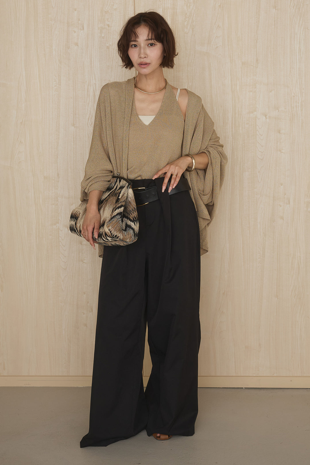 [SET]オーバードルマンカーディガン+ベルトループデザインハイウエストタックパンツ(2set)