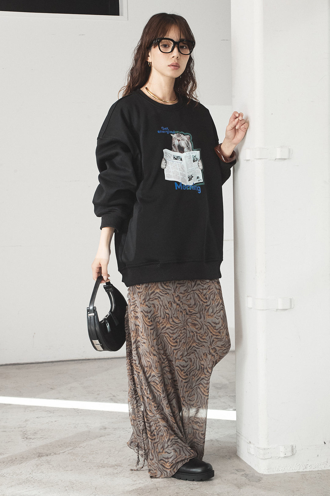 [SET]裏起毛モーニングキャットプリントスウェット+抽象柄ロングスカート(2set)