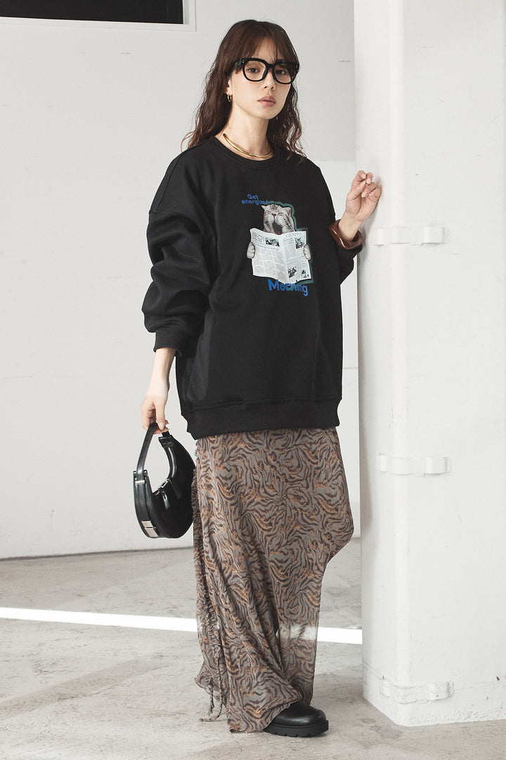 [SET]裏起毛モーニングキャットプリントスウェット+抽象柄ロングスカート(2set)