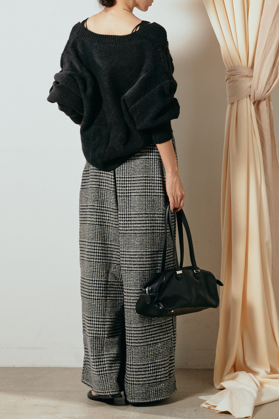 [SET]ケーブルカシュクールニットトップス+前後2wayグレンチェック柄スカーチョサロペット(2set)