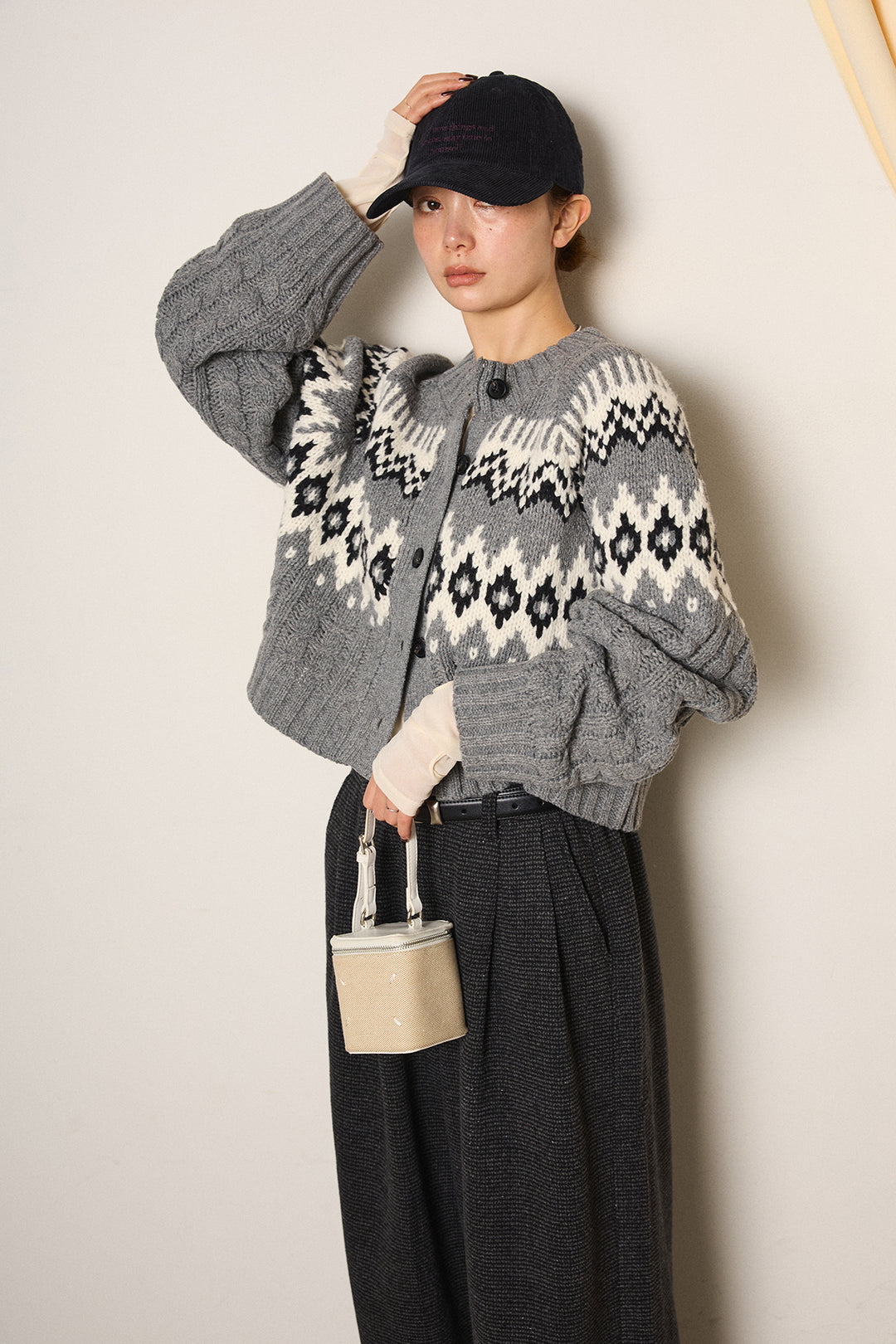 [SET]2WAY求心柄ジャガードショートカーディガン+起毛タック入りツイードワイドパンツ(2set)