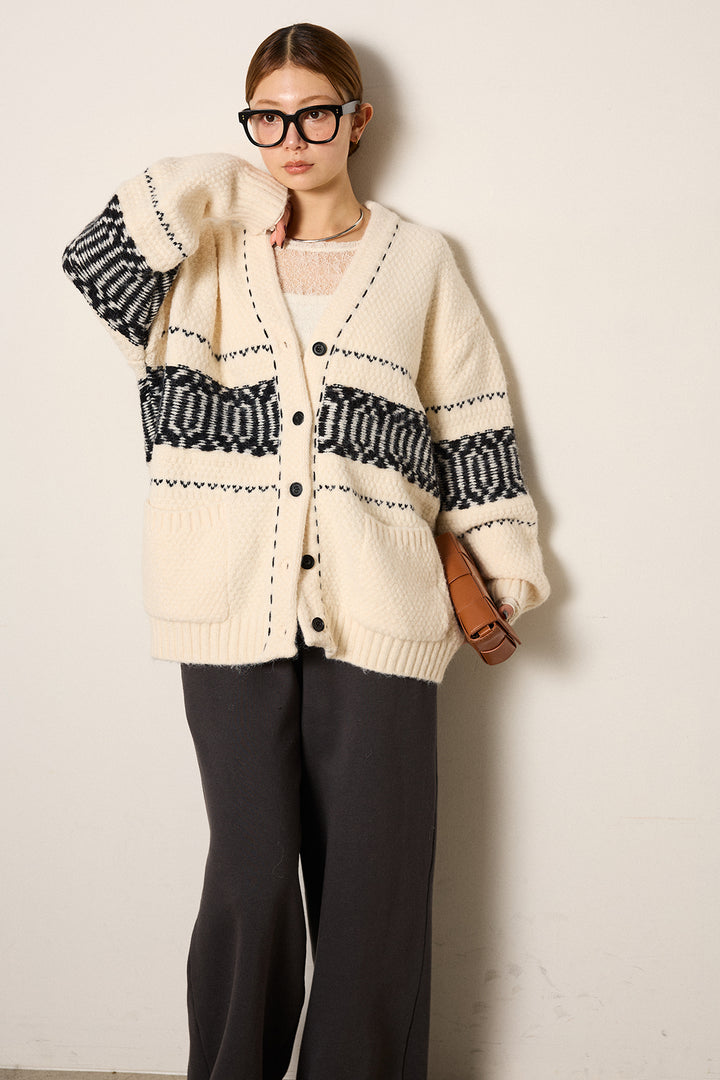 [SET]ライン柄ステッチニットカーディガン+2WAY袖コード刺繍クルーネックプルオーバー(2set)