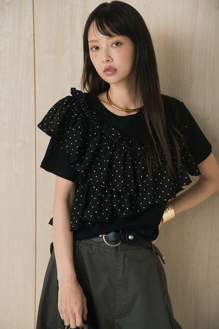 [SET]ドットアシメフリルデザインTシャツ+サークルバックルベルト付きタックワイドパンツ(2set)