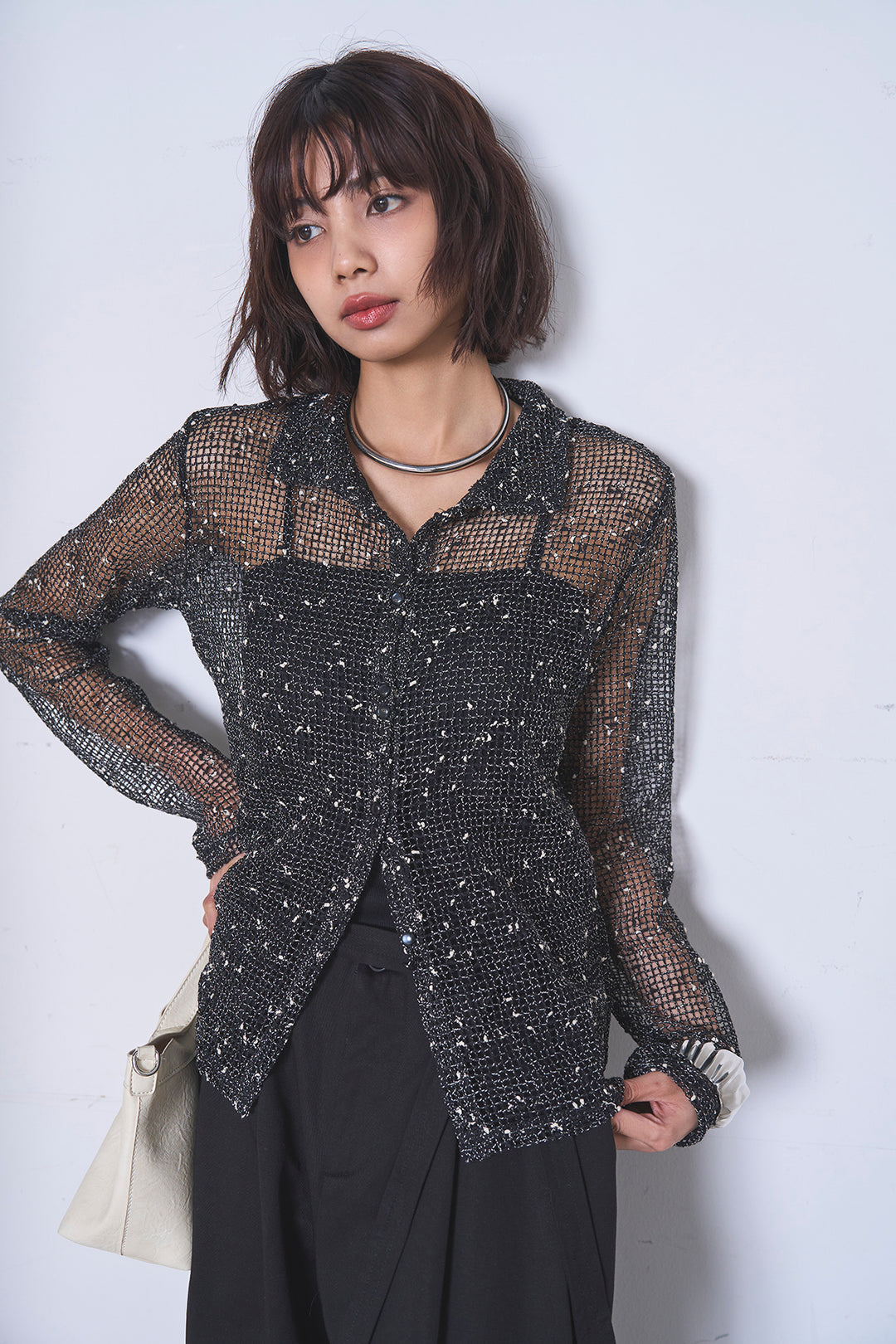 [SET]ネップメッシュポロ襟カーディガン+紐ベルト付きカーブワイドパンツ(2set)