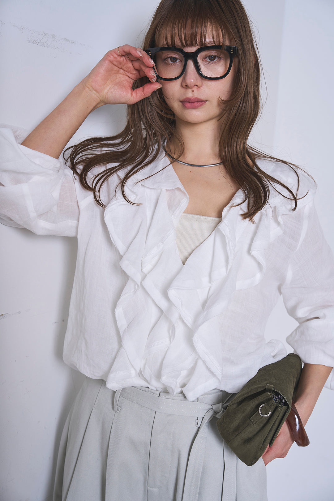 [SET]フリルボタンブラウス+紐ベルト付きカーブワイドパンツ(2set)