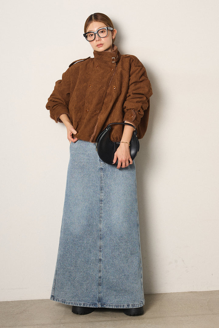 [SET]スタンド襟スウェードライクアウター+デニムロングフレアスカート(2set)