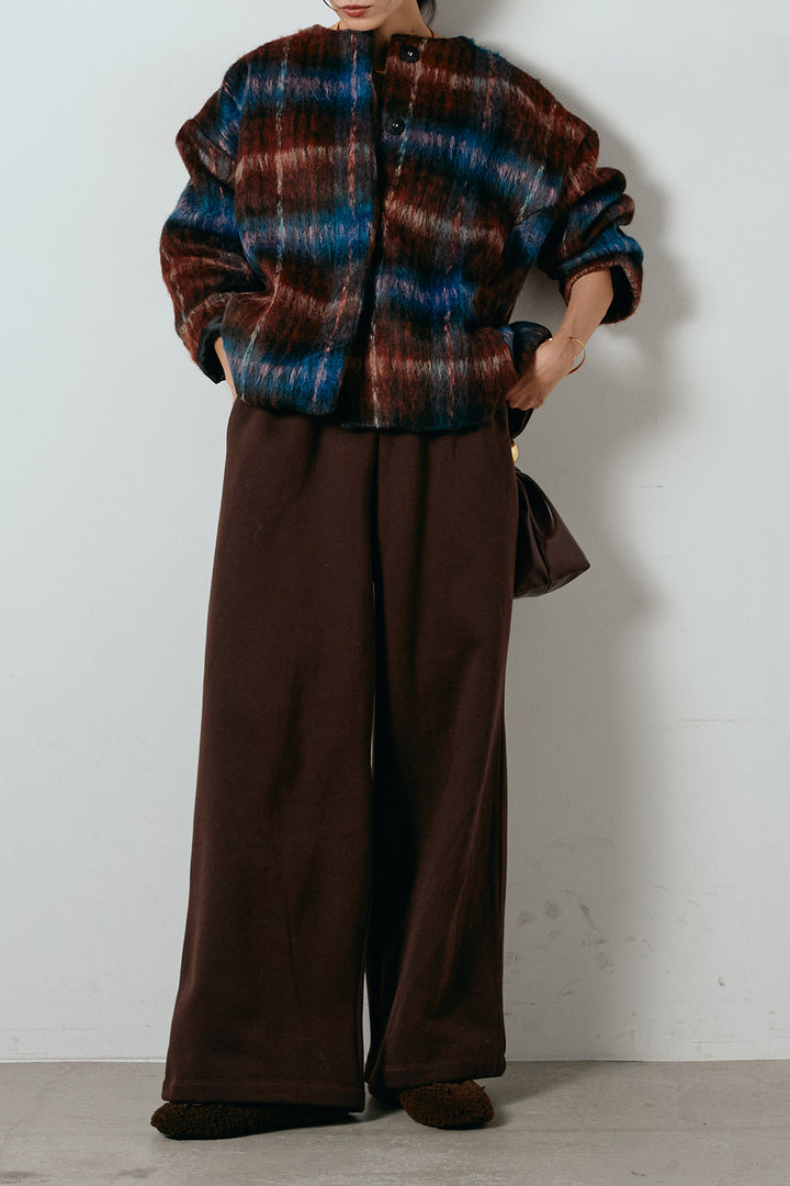 [SET]ノーカラーシャギーチェックアウター+裏起毛スウェットワイドパンツ(2set)