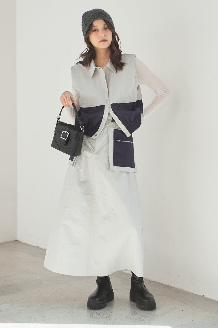 [SET]襟付きナイロンベスト+サイドデザインナイロンスカート(2set)