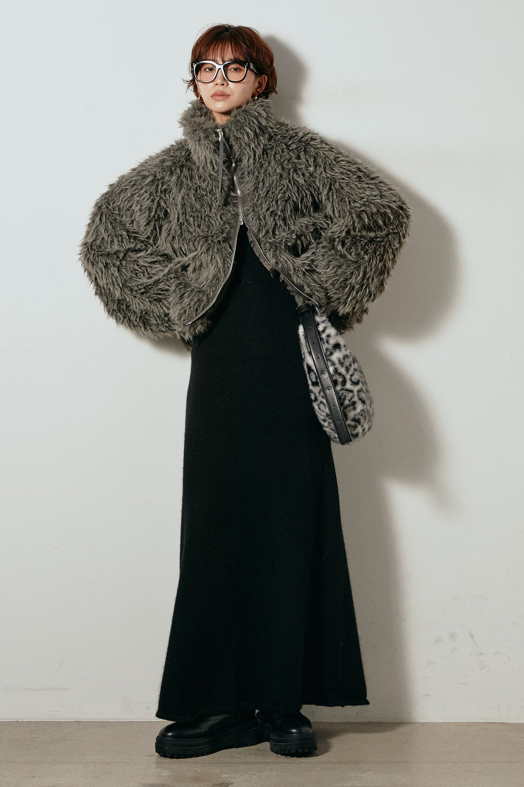 [SET]ミックスシープファースタンドブルゾン+ノースリーブニットロングワンピース(2set)