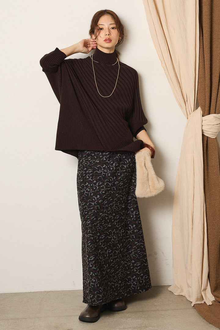 [SET]アシメデザインリブポンチョニットトップス+レオパードロングスカート(2set)