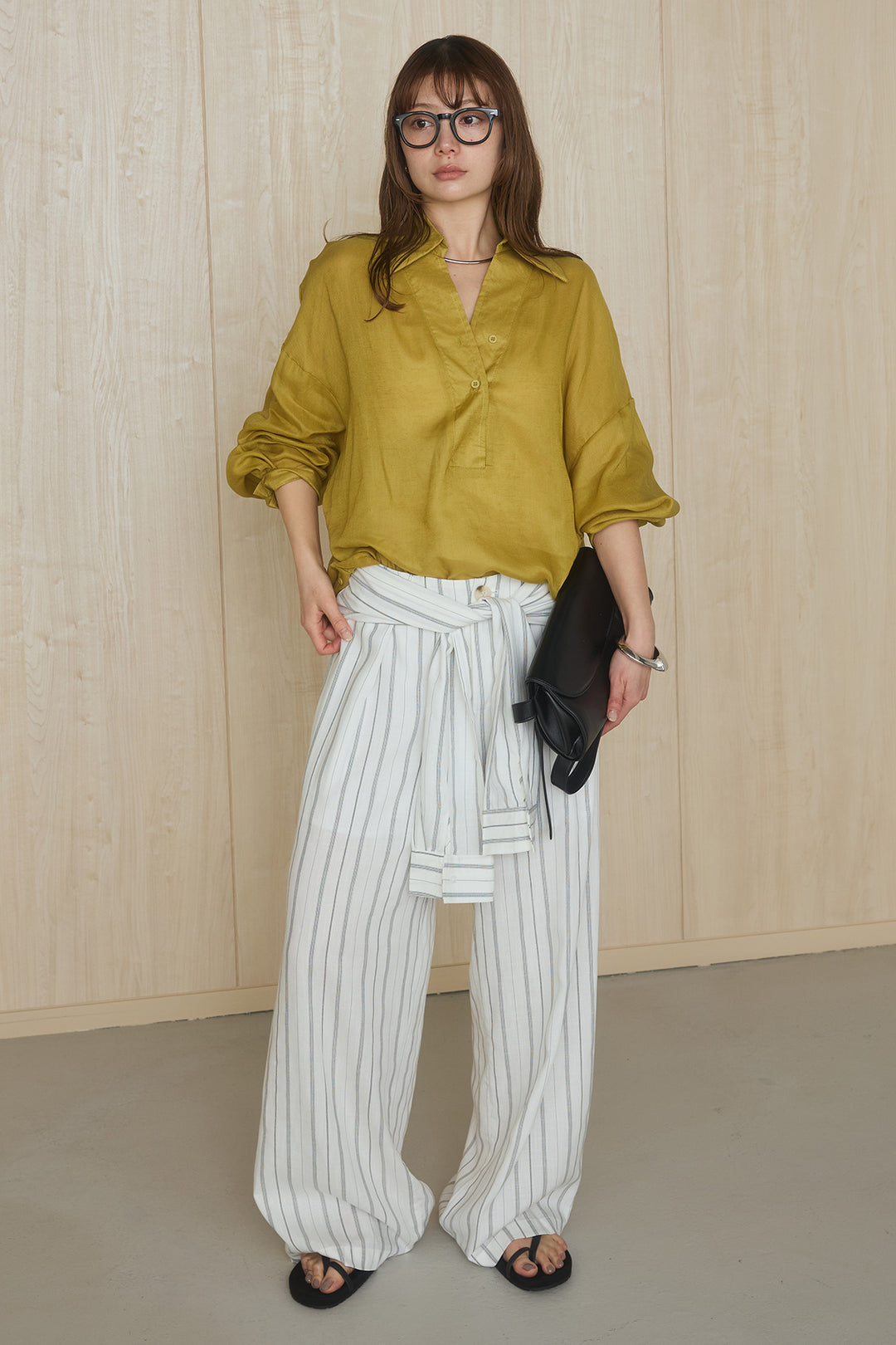 [SET]襟付きボタンブラウス+ウエスト巻きピンストライプパンツ(2set)