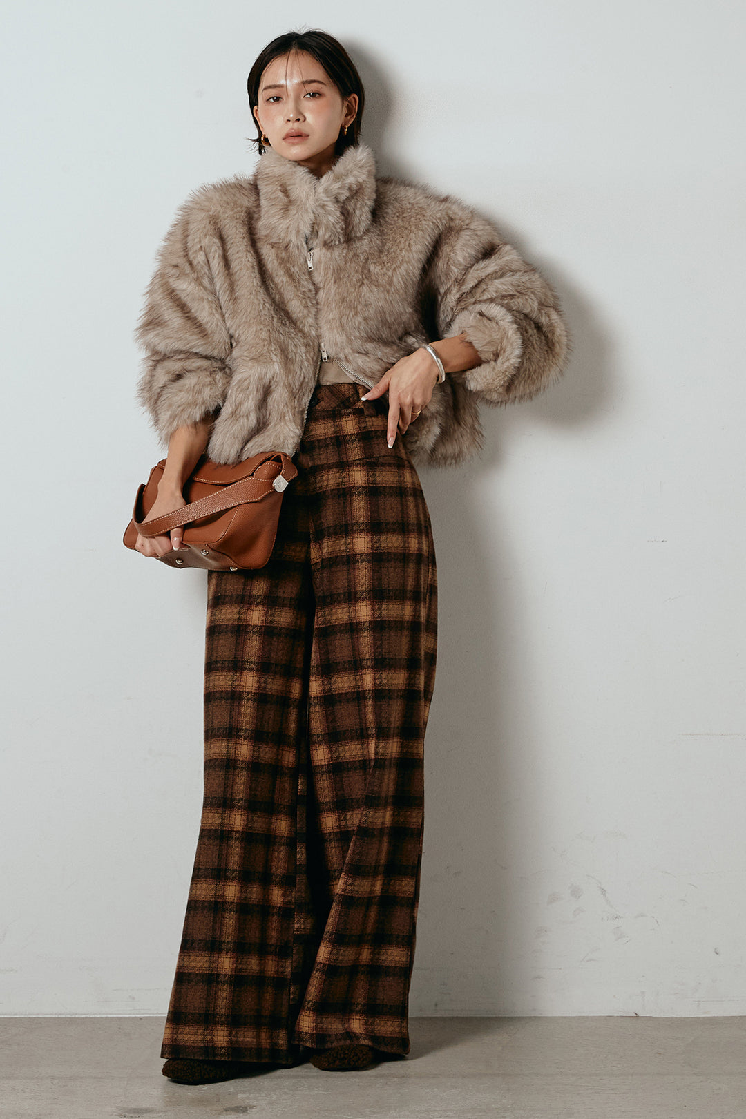 [SET]エコファーショート丈ブルゾン+ルーズタータンチェックワイドパンツ(2set)