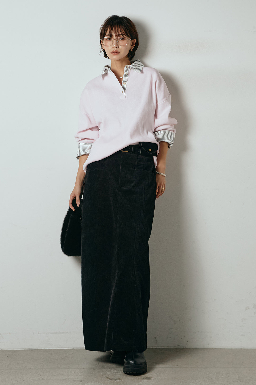 [SET]ストライプシャツドッキングポロトップス+ポーチベルト付きコーデュロイワイドスカート(2set)