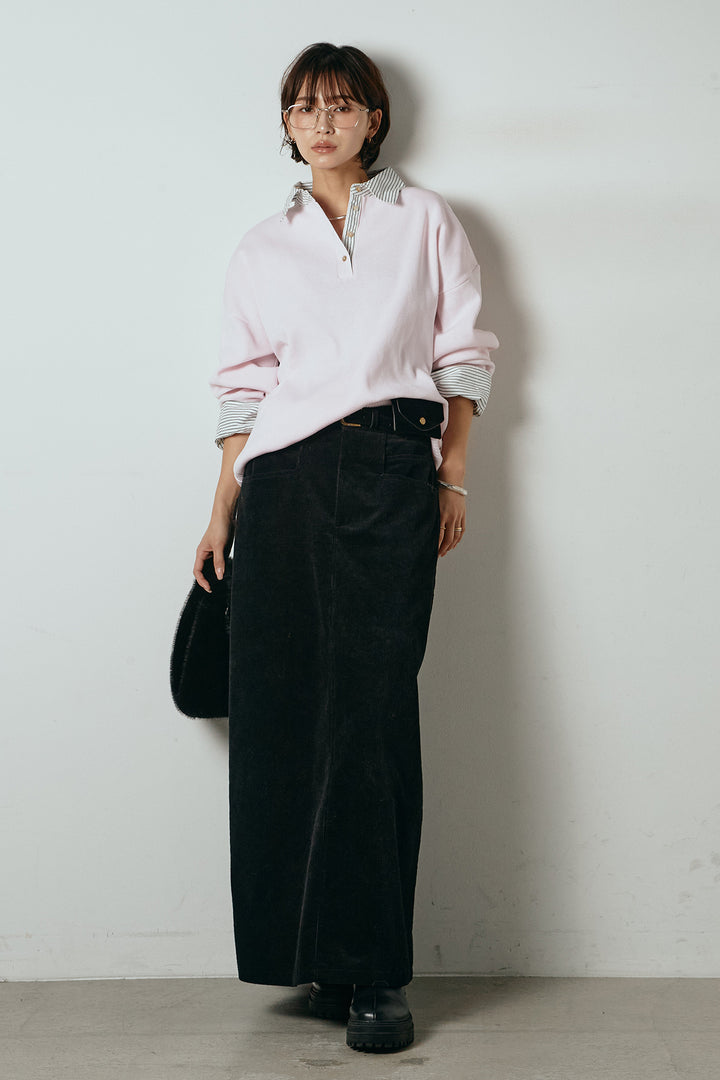 [SET]ストライプシャツドッキングポロトップス+ポーチベルト付きコーデュロイワイドスカート(2set)