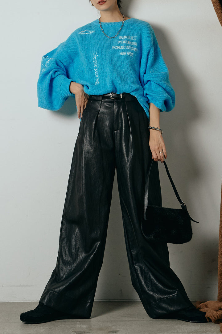 [SET]刺繍ロゴランダムデザインニットトップス+ベルト付きレザーライクタックパンツ(2set)