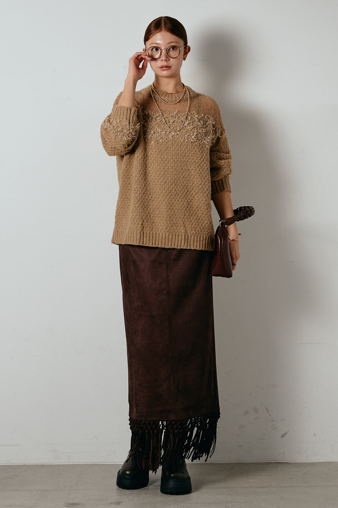 [SET]パターンランダム編みニットトップス+スウェードライク裾フリンジスカート(2set)