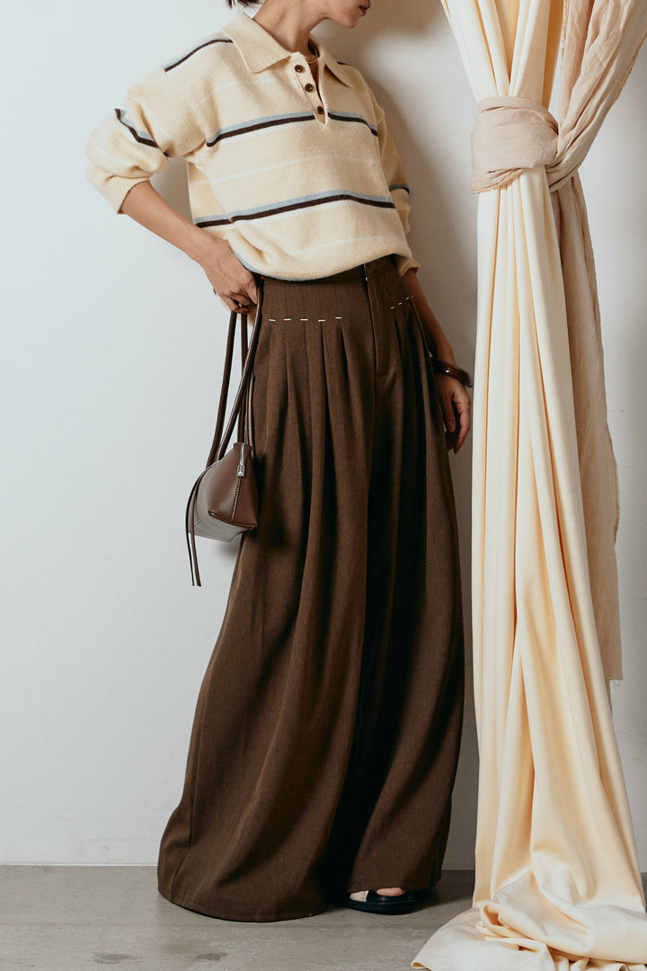 [SET]襟付きマルチボーダーニットポロトップス+ウエストステッチデザインワイドスラックス(2set)